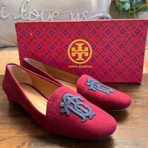 Tory Burch ANTONIA Monogram Logo Embroidered Burgundy Wool Loafers US7.5